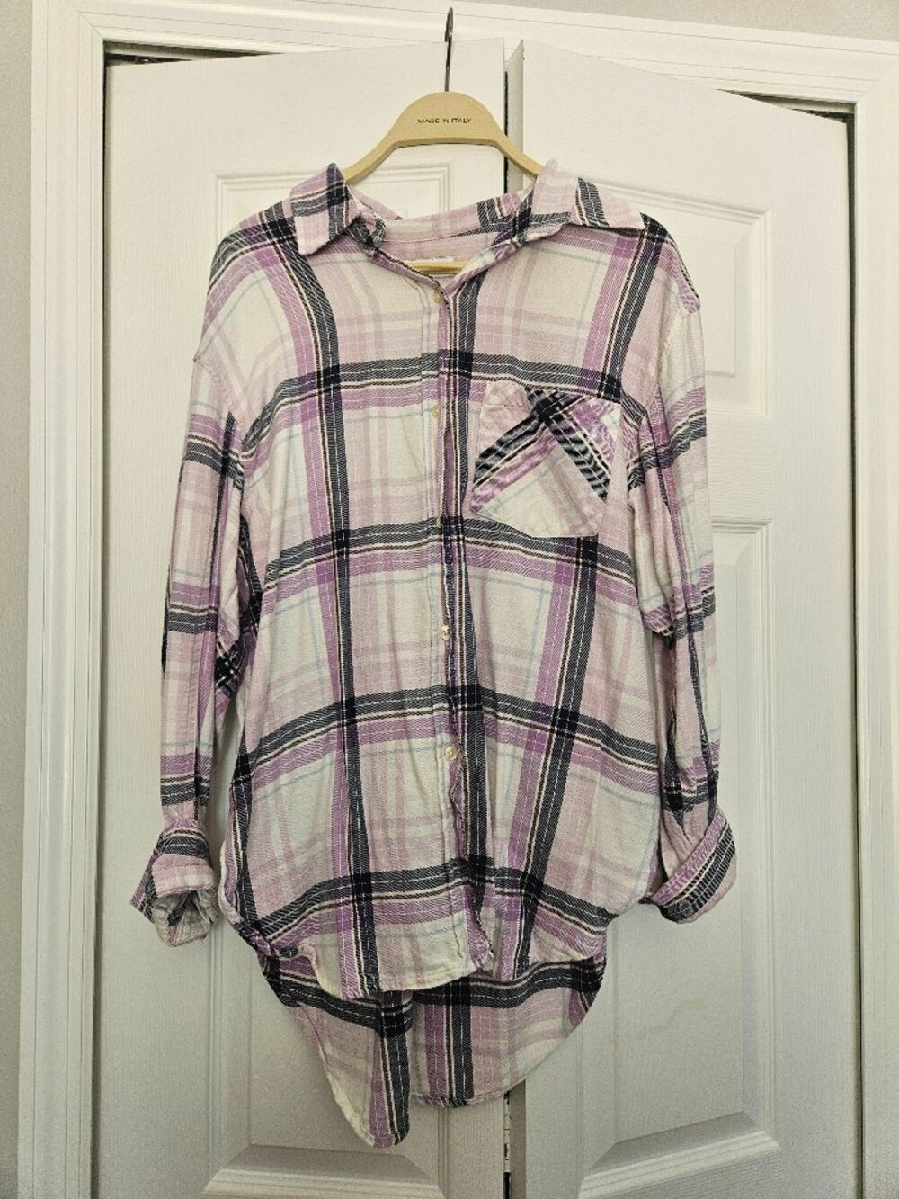 Long-Sleeve White, Pink, Purple Plaid Button-Up Shirt